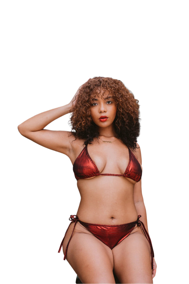 Vibrant custom metallic red bikini – bold, size-inclusive design for a perfect summer beach look