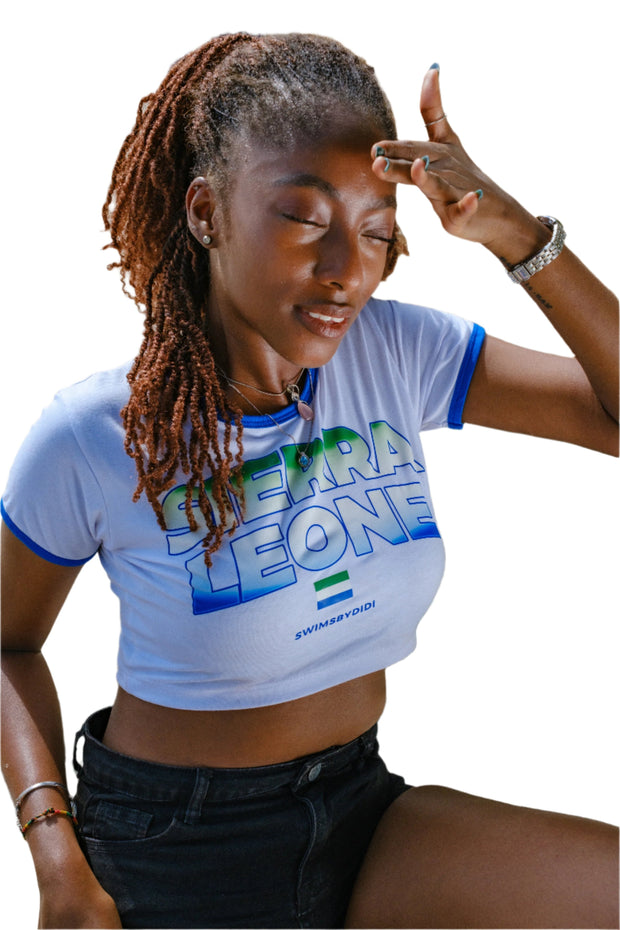 Sierra Leone-inspired crop top with bold, vibrant colors and patterns, capturing the essence of West African culture and style in a modern, cropped design.