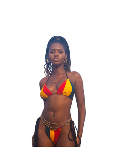Bikini inspired by Ghanaian patterns, featuring bold, earthy colors and traditional motifs that celebrate West African heritage and style.