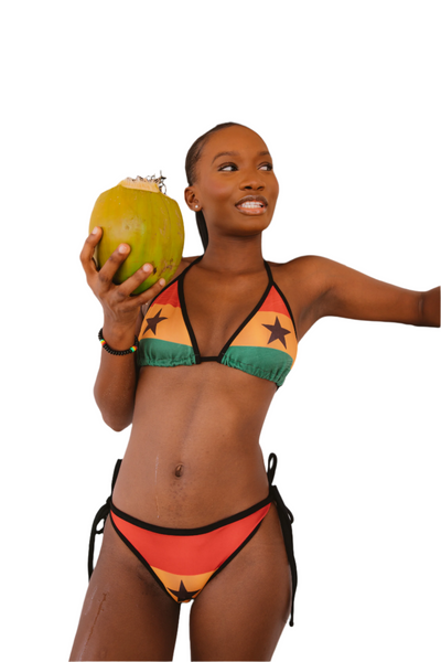 Vibrant bikini featuring the colors and design of the Ghana flag, combining bold red, yellow, and green hues with a striking black star, perfect for celebrating Ghanaian heritage at the beach.